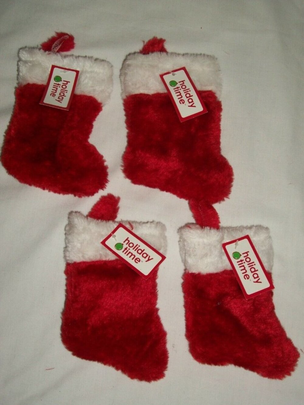 5" Mini Christmas Stockings Ornaments Set 4 Plush Red White Faux Fur Holiday